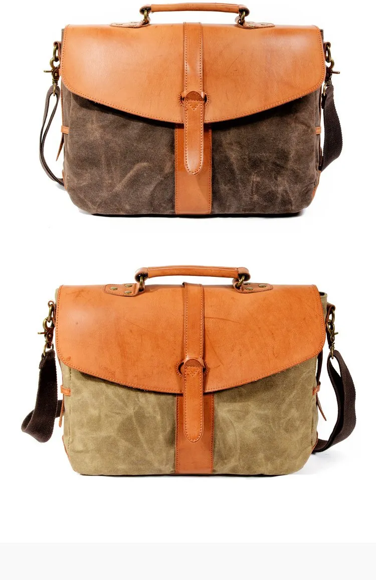 Waxed Canvas Leather Mens Casual 14'' Messenger Bag Side Bag Computer Bag For Men