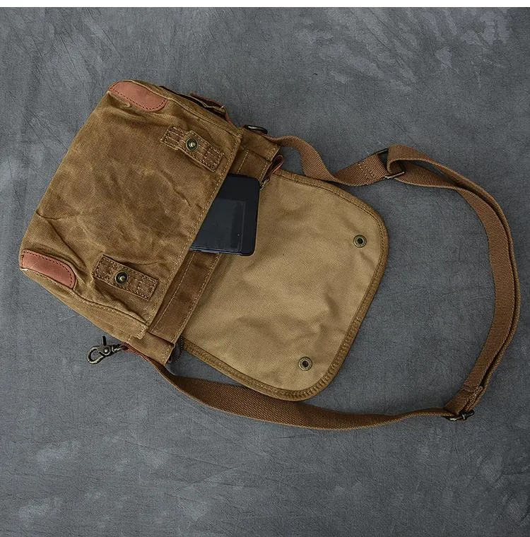 Waxed Canvas Leather Mens Gray Side Bag Khaki Messenger Bag Small Courier Bag For Men