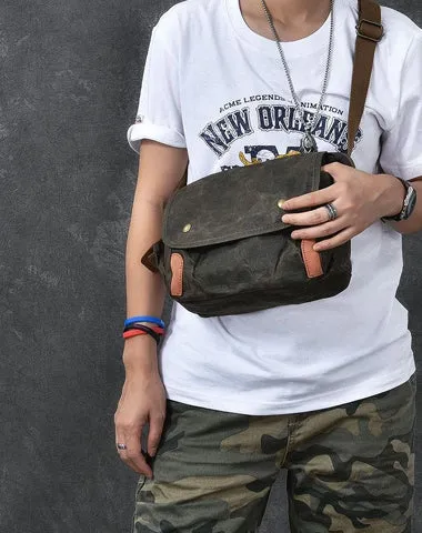 Waxed Canvas Leather Mens Gray Side Bag Khaki Messenger Bag Small Courier Bag For Men