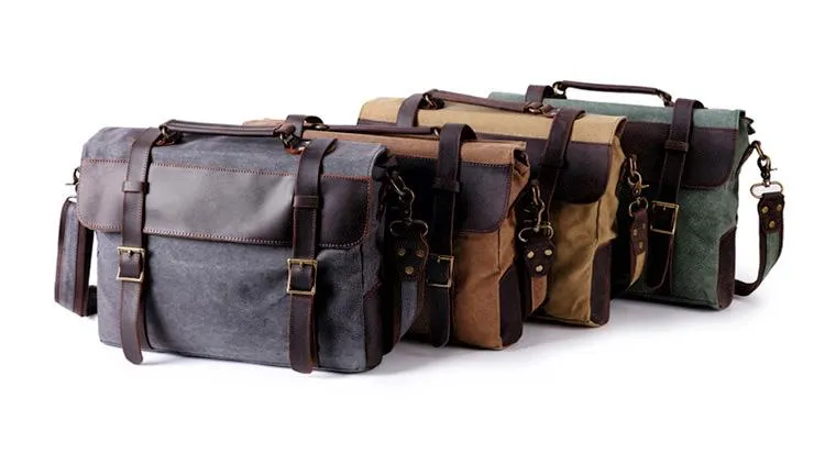 Waxed Canvas Leather Mens Side Bag 14???? Messenger Bag Computer Bag For Men