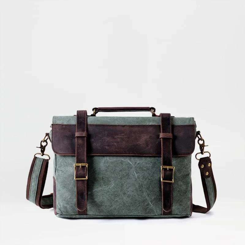 Waxed Canvas Leather Mens Side Bag 14???? Messenger Bag Computer Bag For Men