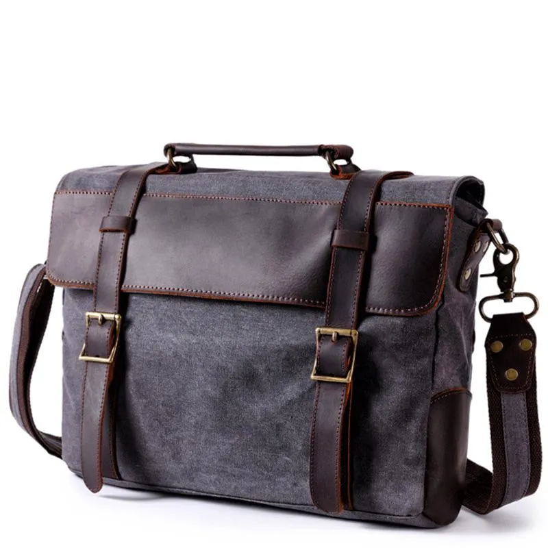 Waxed Canvas Leather Mens Side Bag 14???? Messenger Bag Computer Bag For Men