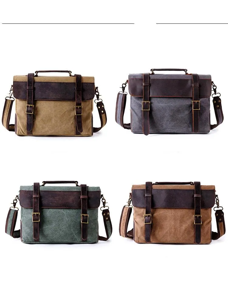 Waxed Canvas Leather Mens Side Bag 14???? Messenger Bag Computer Bag For Men