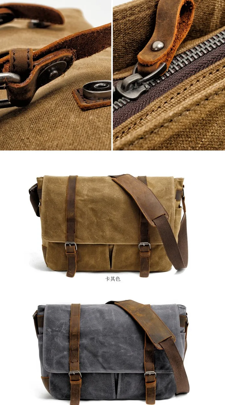 Waxed Canvas Leather Mens Waterproof 14'' Camera Bags Black Side Bag Messenger Bag Shoulder Bag For Men