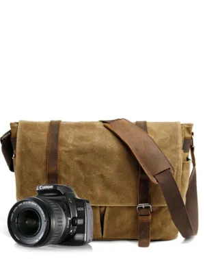Waxed Canvas Leather Mens Waterproof 14'' Camera Bags Black Side Bag Messenger Bag Shoulder Bag For Men