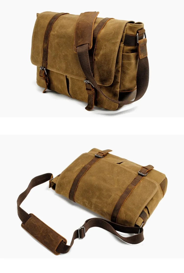 Waxed Canvas Leather Mens Waterproof 14'' Camera Bags Black Side Bag Messenger Bag Shoulder Bag For Men