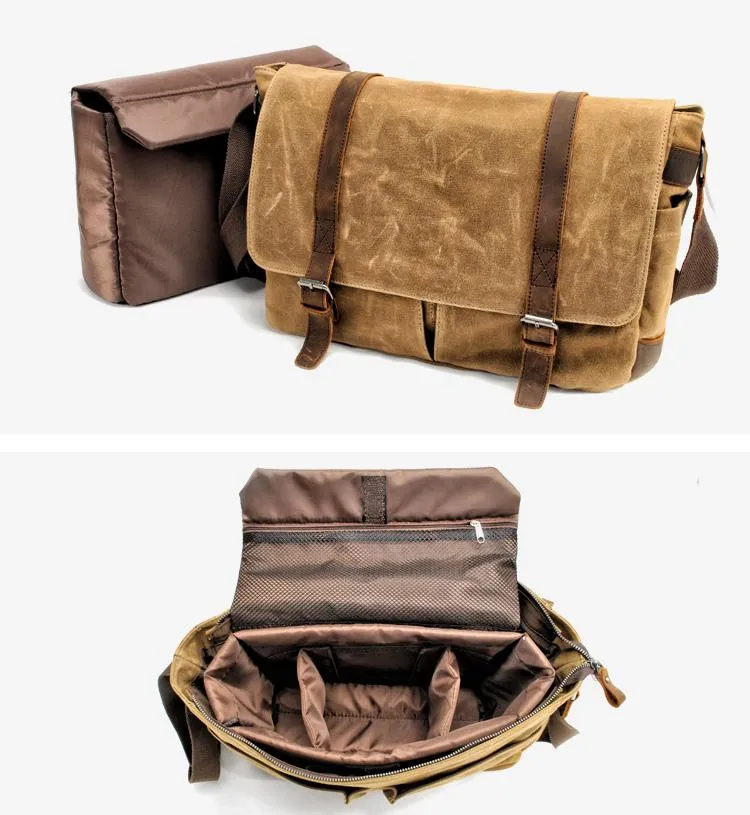 Waxed Canvas Leather Mens Waterproof 14'' Camera Bags Black Side Bag Messenger Bag Shoulder Bag For Men