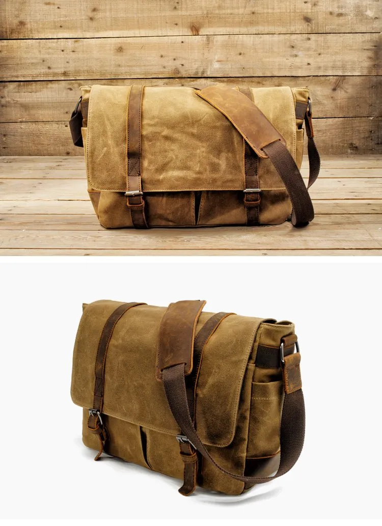 Waxed Canvas Leather Mens Waterproof 14'' Camera Bags Black Side Bag Messenger Bag Shoulder Bag For Men