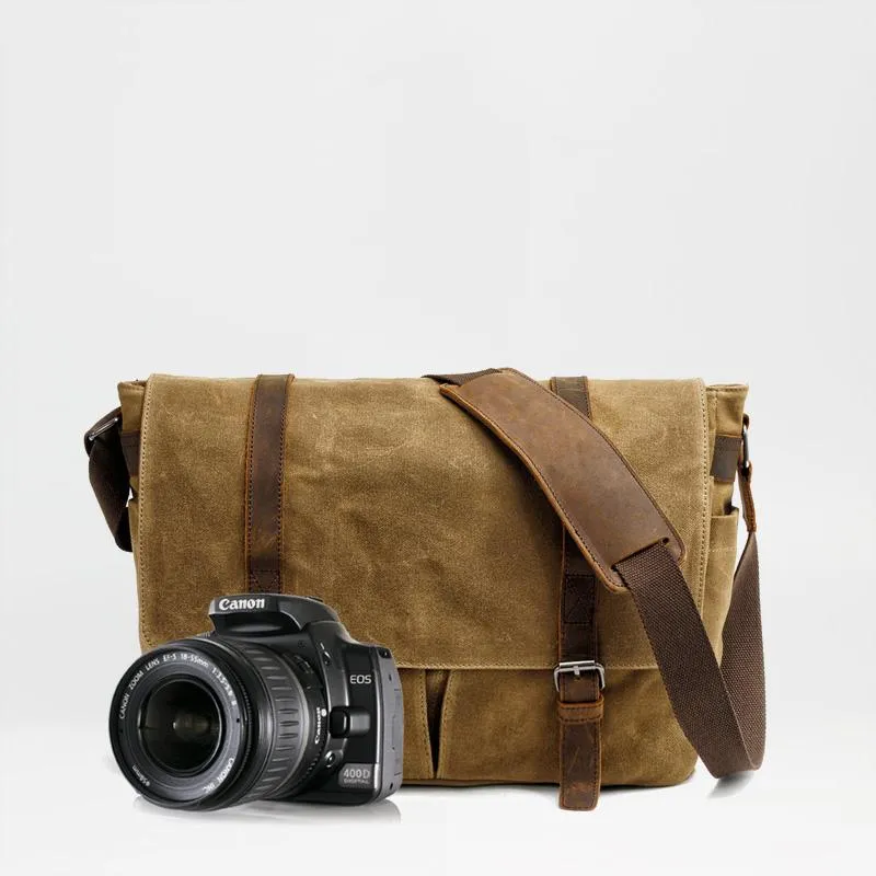 Waxed Canvas Leather Mens Waterproof 14'' Camera Bags Black Side Bag Messenger Bag Shoulder Bag For Men