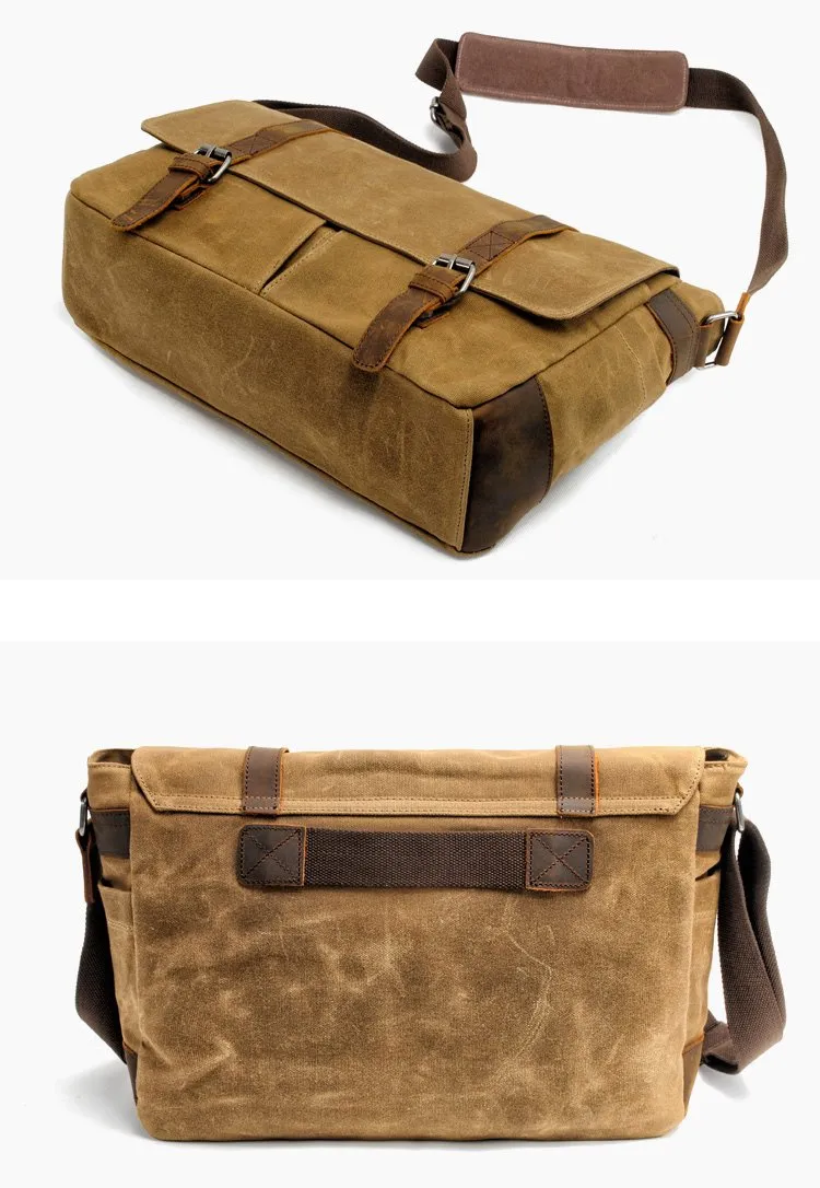 Waxed Canvas Leather Mens Waterproof 14'' Camera Bags Black Side Bag Messenger Bag Shoulder Bag For Men