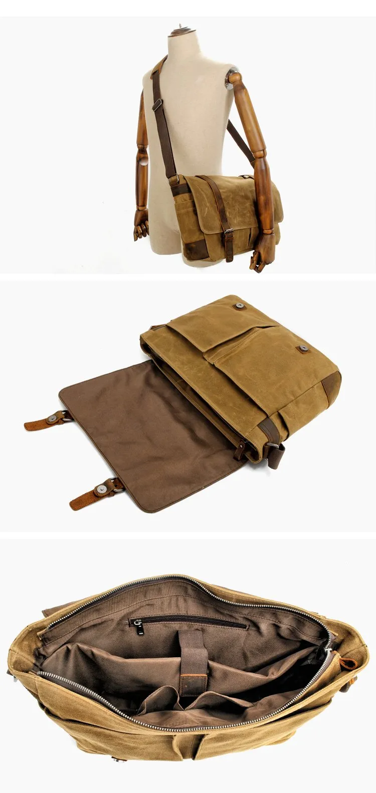Waxed Canvas Leather Mens Waterproof 14'' Camera Bags Black Side Bag Messenger Bag Shoulder Bag For Men