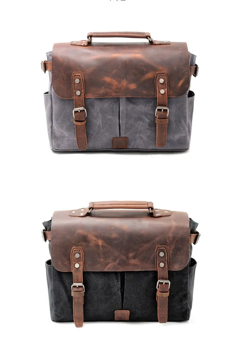 Waxed Canvas Leather Mens Waterproof Black 14???? Camera Bag Shoulder Bag Messenger Bag For Men