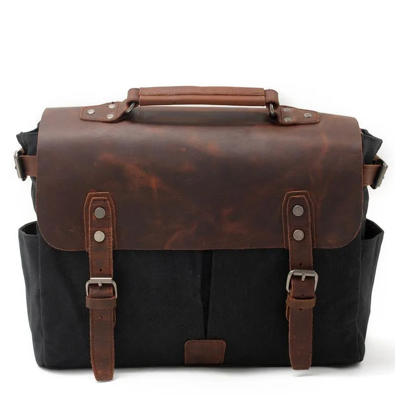 Waxed Canvas Leather Mens Waterproof Black 14???? Camera Bag Shoulder Bag Messenger Bag For Men