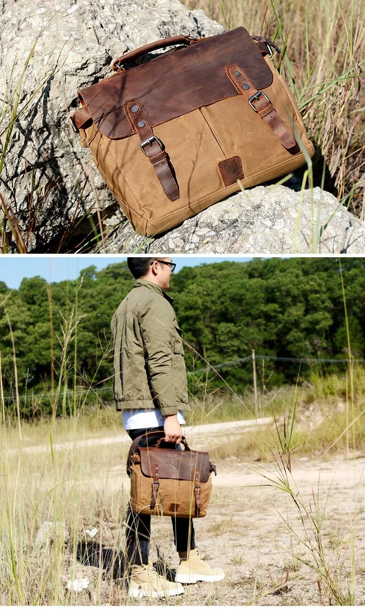 Waxed Canvas Leather Mens Waterproof Black 14???? Camera Bag Shoulder Bag Messenger Bag For Men