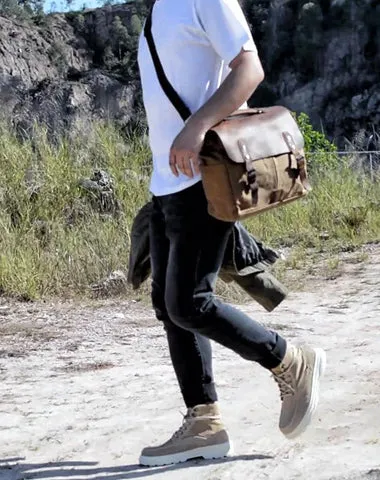 Waxed Canvas Leather Mens Waterproof Black 14???? Camera Bag Shoulder Bag Messenger Bag For Men