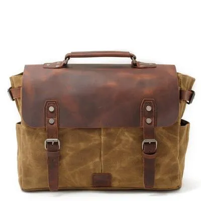 Waxed Canvas Leather Mens Waterproof Black 14???? Camera Bag Shoulder Bag Messenger Bag For Men