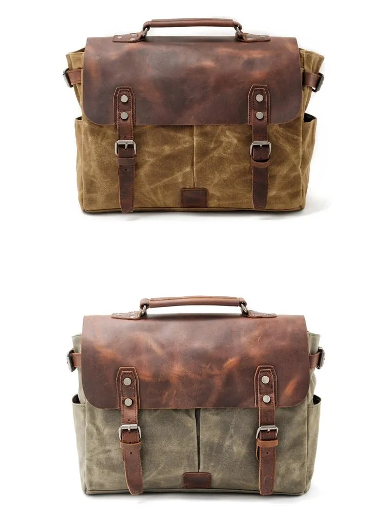 Waxed Canvas Leather Mens Waterproof Black 14???? Camera Bag Shoulder Bag Messenger Bag For Men