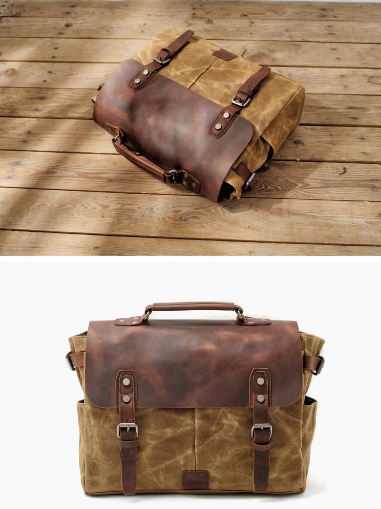 Waxed Canvas Leather Mens Waterproof Black 14???? Camera Bag Shoulder Bag Messenger Bag For Men