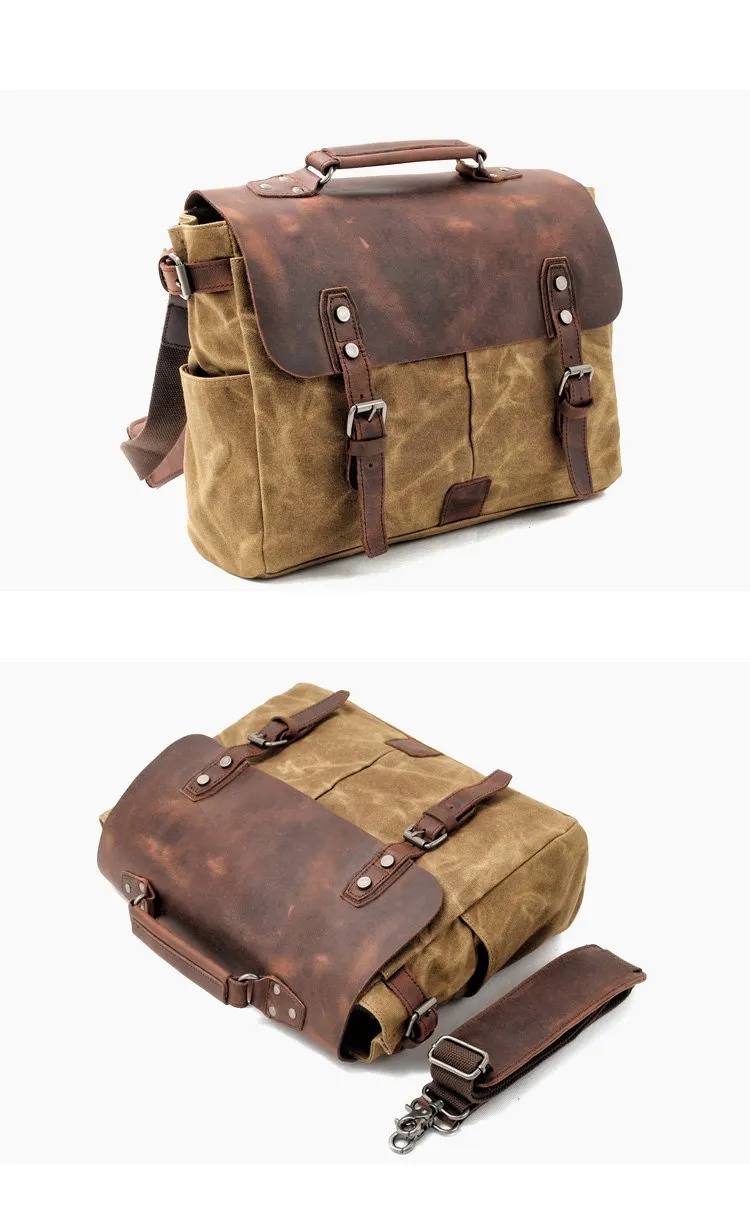 Waxed Canvas Leather Mens Waterproof Black 14???? Camera Bag Shoulder Bag Messenger Bag For Men