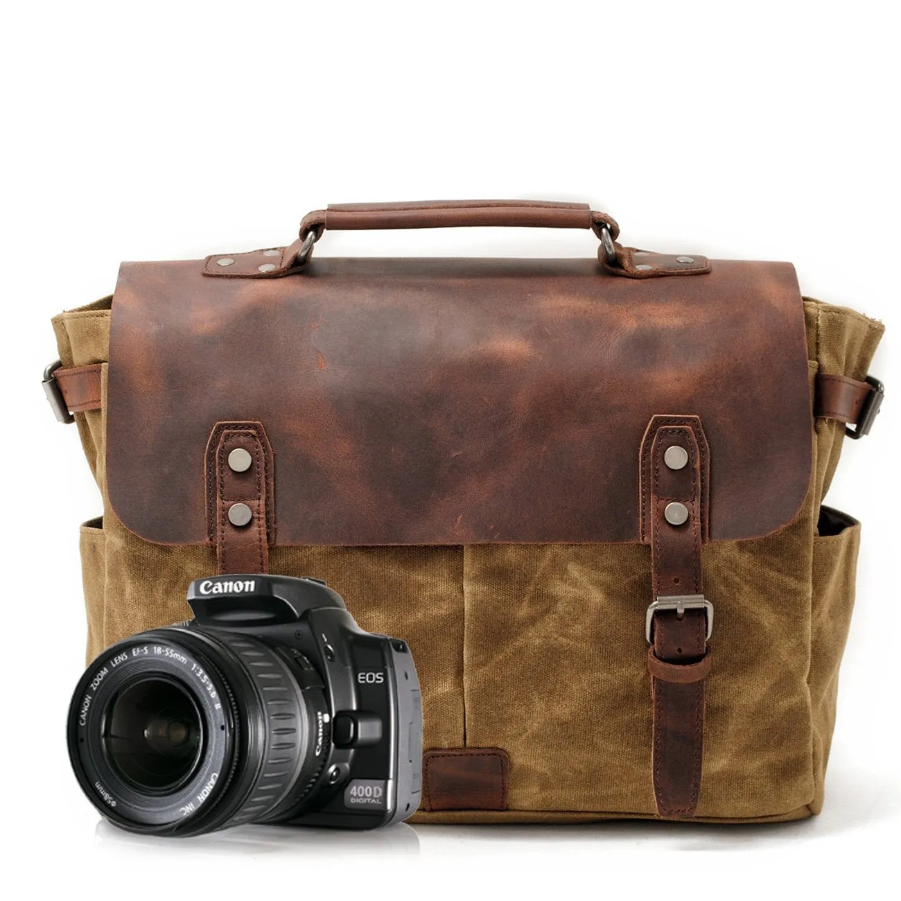 Waxed Canvas Leather Mens Waterproof Black 14???? Camera Bag Shoulder Bag Messenger Bag For Men