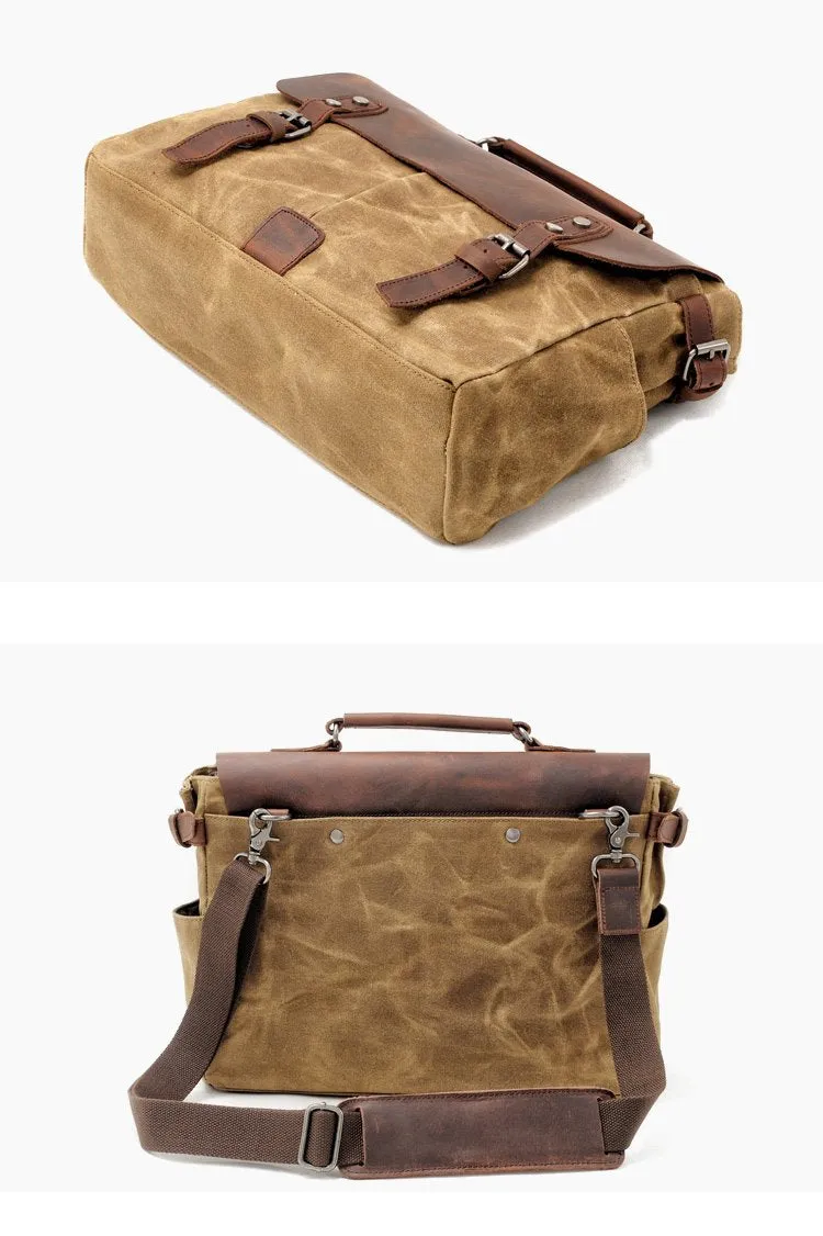 Waxed Canvas Leather Mens Waterproof Black 14???? Camera Bag Shoulder Bag Messenger Bag For Men