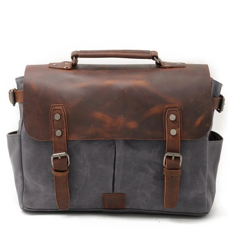 Waxed Canvas Leather Mens Waterproof Black 14???? Camera Bag Shoulder Bag Messenger Bag For Men
