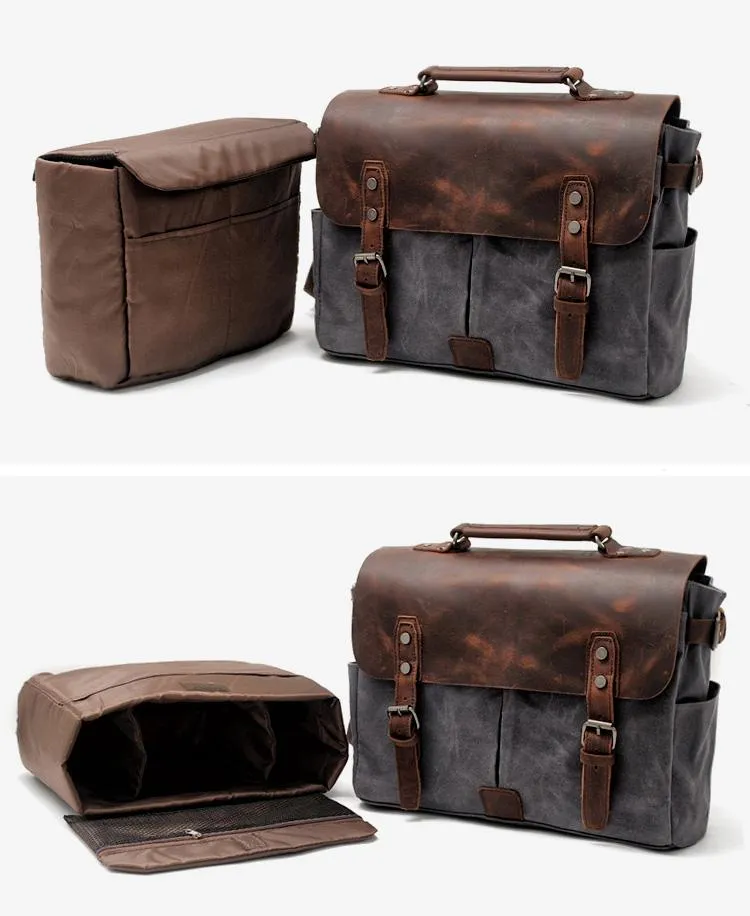 Waxed Canvas Leather Mens Waterproof Black 14???? Camera Bag Shoulder Bag Messenger Bag For Men