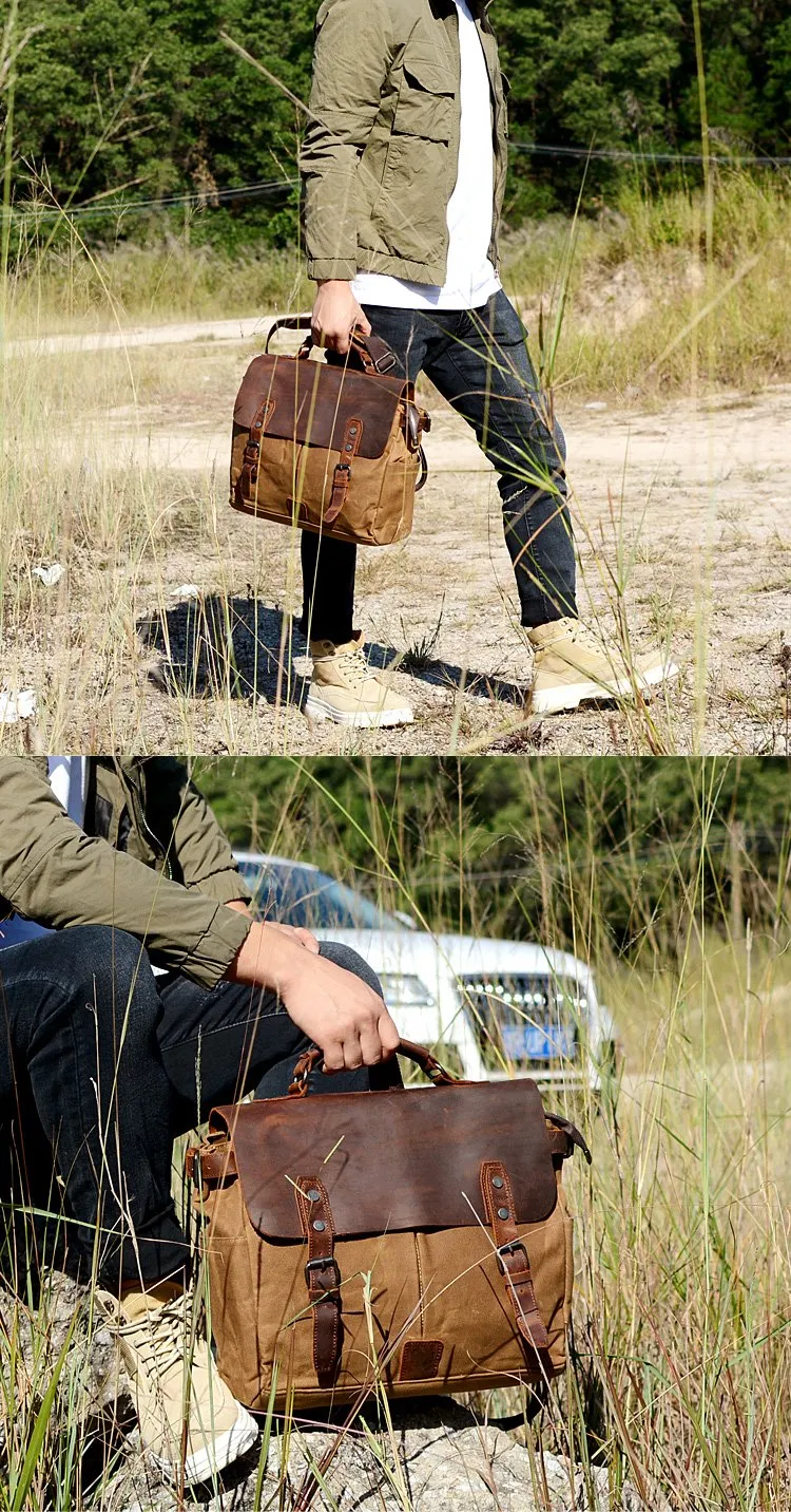 Waxed Canvas Leather Mens Waterproof Black 14???? Camera Bag Shoulder Bag Messenger Bag For Men
