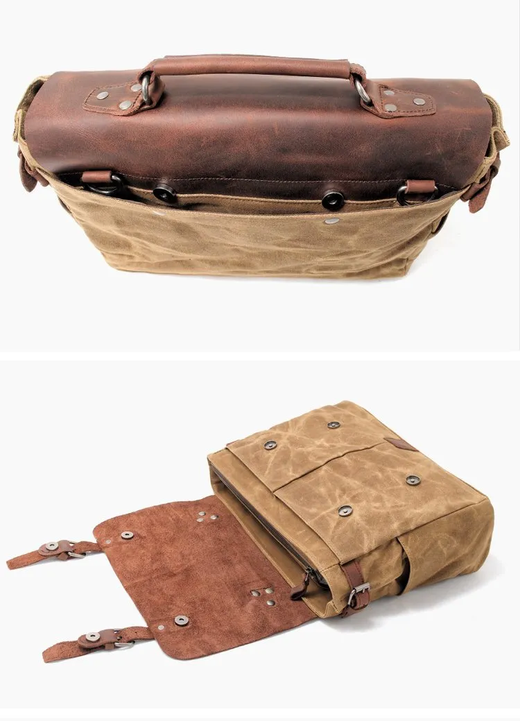 Waxed Canvas Leather Mens Waterproof Black 14???? Camera Bag Shoulder Bag Messenger Bag For Men