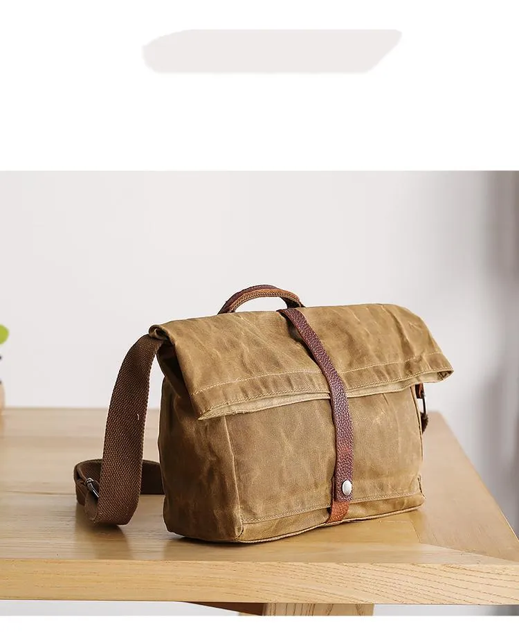 Waxed Canvas Mens Side Bag 13??Khaki Courier Bag Messenger Bag for Men
