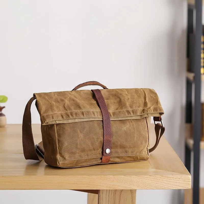 Waxed Canvas Mens Side Bag 13??Khaki Courier Bag Messenger Bag for Men