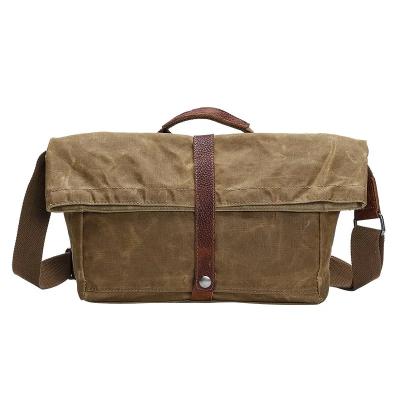 Waxed Canvas Mens Side Bag 13??Khaki Courier Bag Messenger Bag for Men