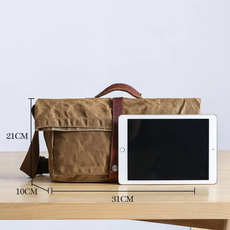 Waxed Canvas Mens Side Bag 13??Khaki Courier Bag Messenger Bag for Men
