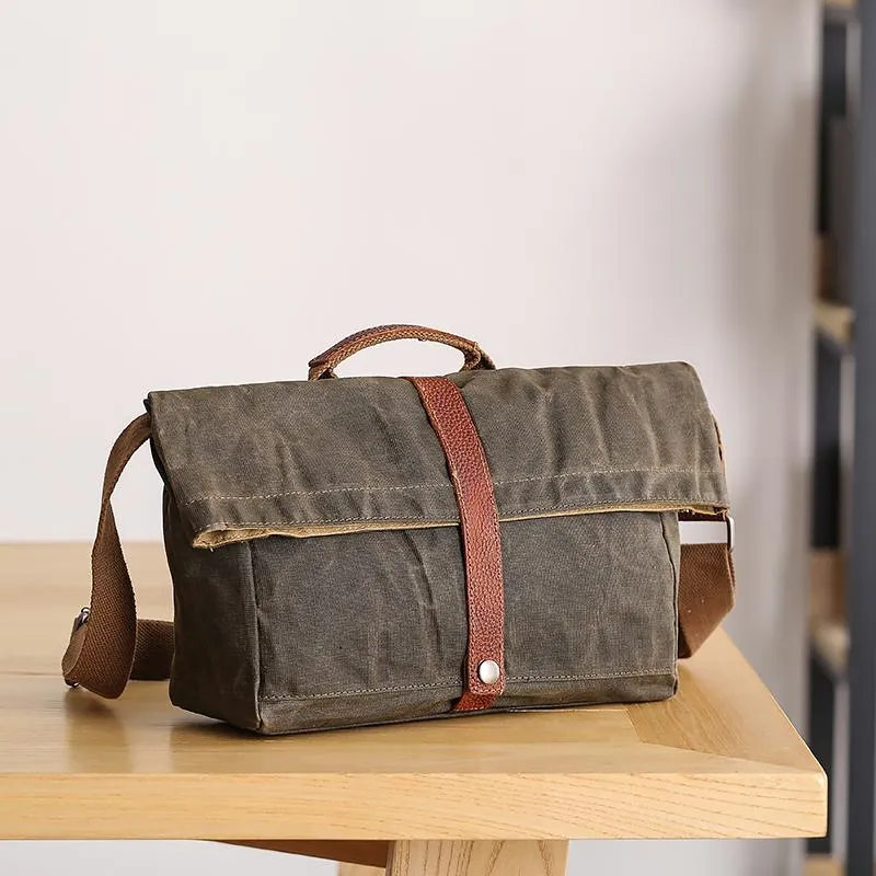 Waxed Canvas Mens Side Bag 13??Khaki Courier Bag Messenger Bag for Men