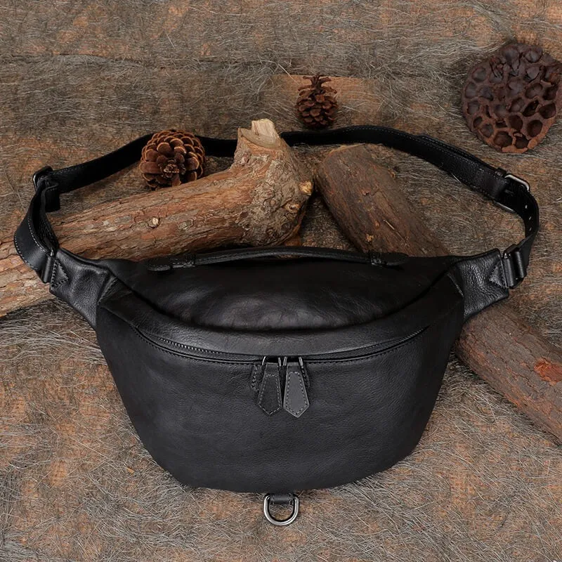 Women Black Gray Leather Waist Bag Fanny Pack Vintage Handmade Hip Pack for Men