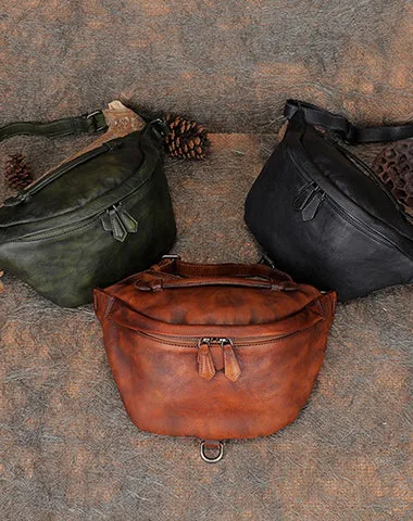 Women Black Gray Leather Waist Bag Fanny Pack Vintage Handmade Hip Pack for Men