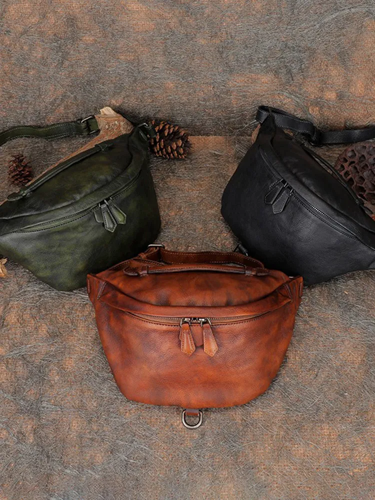 Women Black Gray Leather Waist Bag Fanny Pack Vintage Handmade Hip Pack for Men
