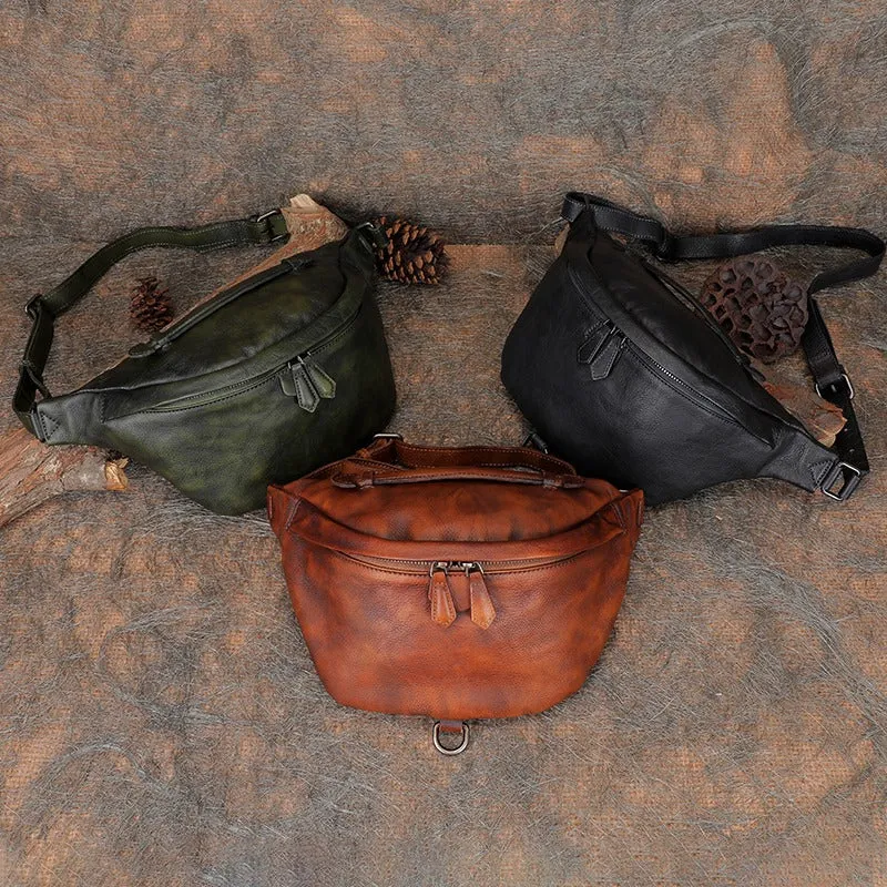 Women Black Gray Leather Waist Bag Fanny Pack Vintage Handmade Hip Pack for Men