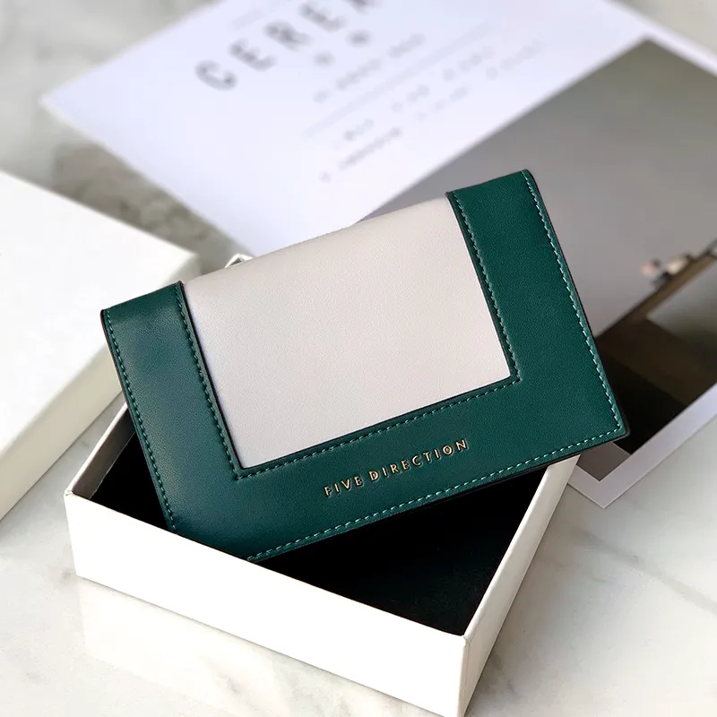 Women Green Vegan Leather Small Card Wallet CONTRAST COLOR Coin Change Wallet For Women