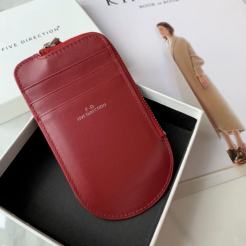 Women Red Leather Vertical Card Holder Wallet Zip Change Wallet Slim Zipper Coin Wallet For Women