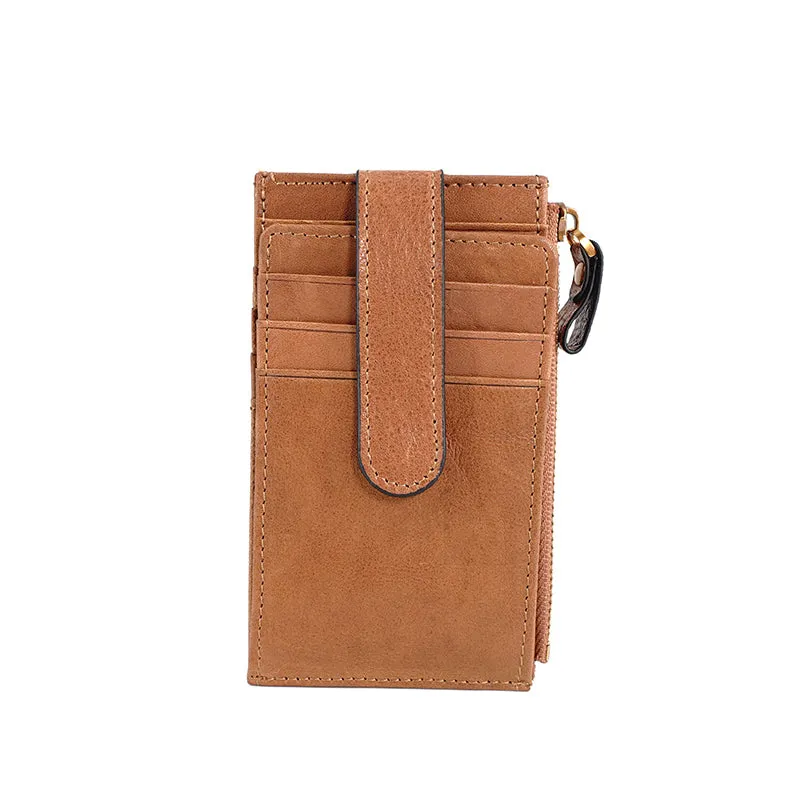 Womens Brown Leather Card Holders Wallet Vertical Slim Billfold Wallet Card Holders for Ladies