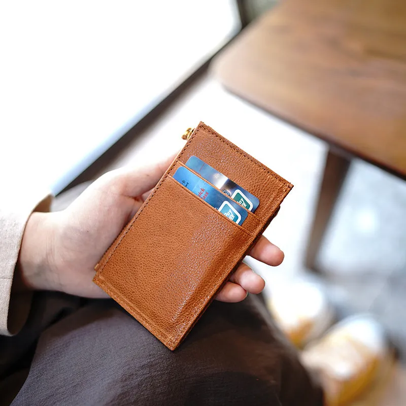 Womens Brown Leather Card Holders Wallet Vertical Slim Billfold Wallet Card Holders for Ladies