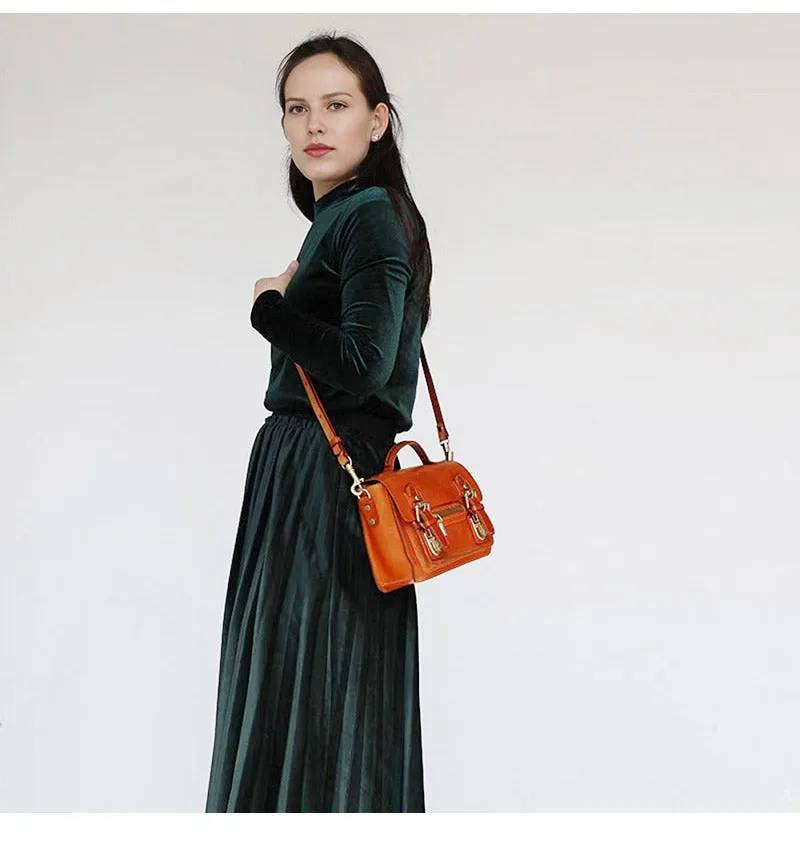 Womens Brown Small Leather Satchel Crossbody Bag Vintage School Handbag Shoulder Bag for Ladies