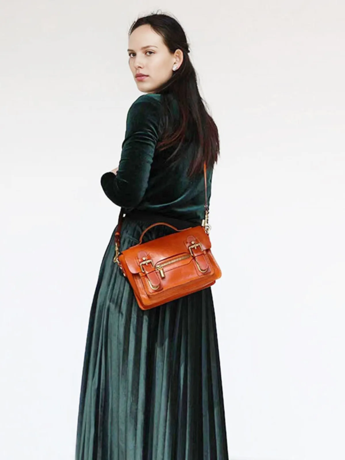 Womens Brown Small Leather Satchel Crossbody Bag Vintage School Handbag Shoulder Bag for Ladies
