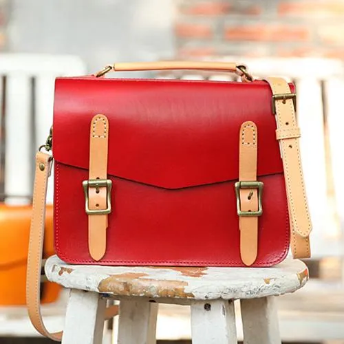 Womens Handmade Red Leather Satchel Handbag Cambridge Structured Satchel Shoulder Purse