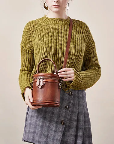 Womens Leather Barrel Handbag Purses Vintage Handmade Round Shoulder Bag Bucket Crossbody Handbag for Women