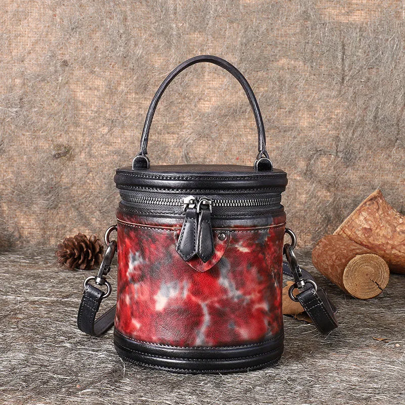 Womens Leather Barrel Handbag Purses Vintage Handmade Round Shoulder Bag Bucket Crossbody Handbag for Women