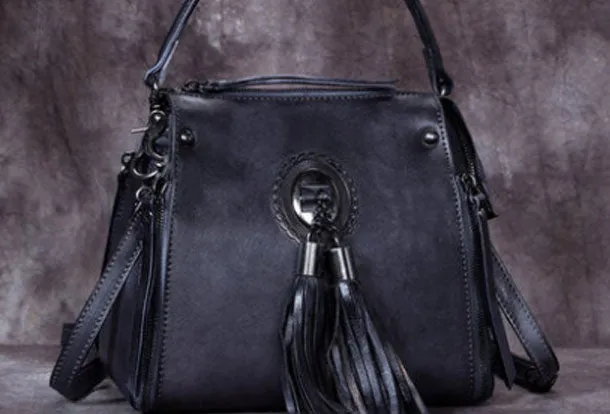 Womens Leather Handbag Vintage Tassel Crossbody Bag Shoulder Bag Purse For Women