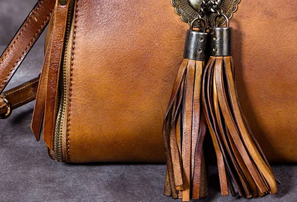 Womens Leather Handbag Vintage Tassel Crossbody Bag Shoulder Bag Purse For Women