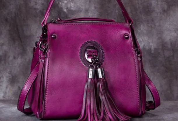 Womens Leather Handbag Vintage Tassel Crossbody Bag Shoulder Bag Purse For Women